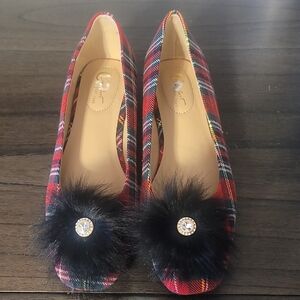 J. Crew Red Plaid Flats with Black Pom Pom
